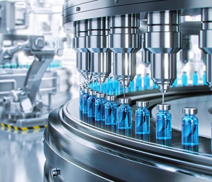 Drug,Manufacturing,Process.,Conveyor,With,Medical,Ampoules,Line,At,A